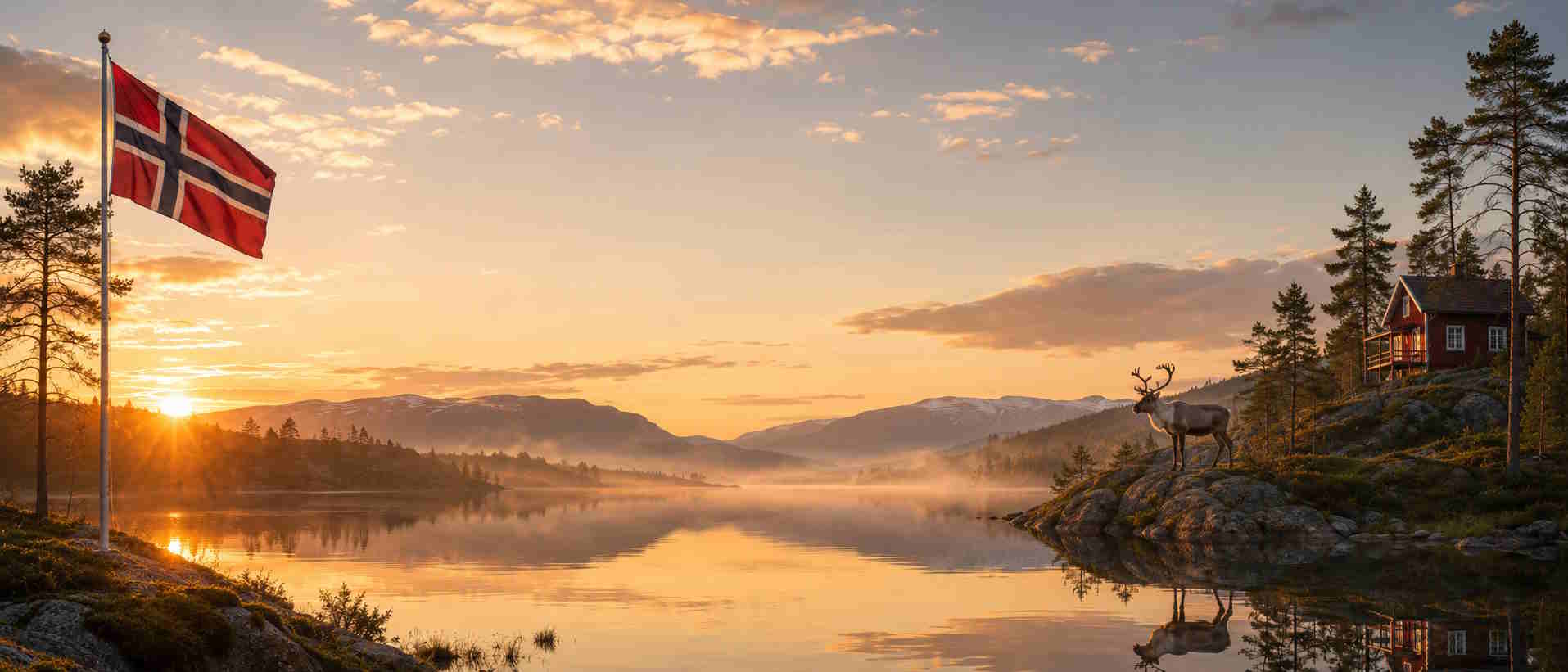 Rotes Ferienhaus in Norwegen direkt am See bei Sonnenaufgang, mit Elch am Ufer und norwegischer Flagge